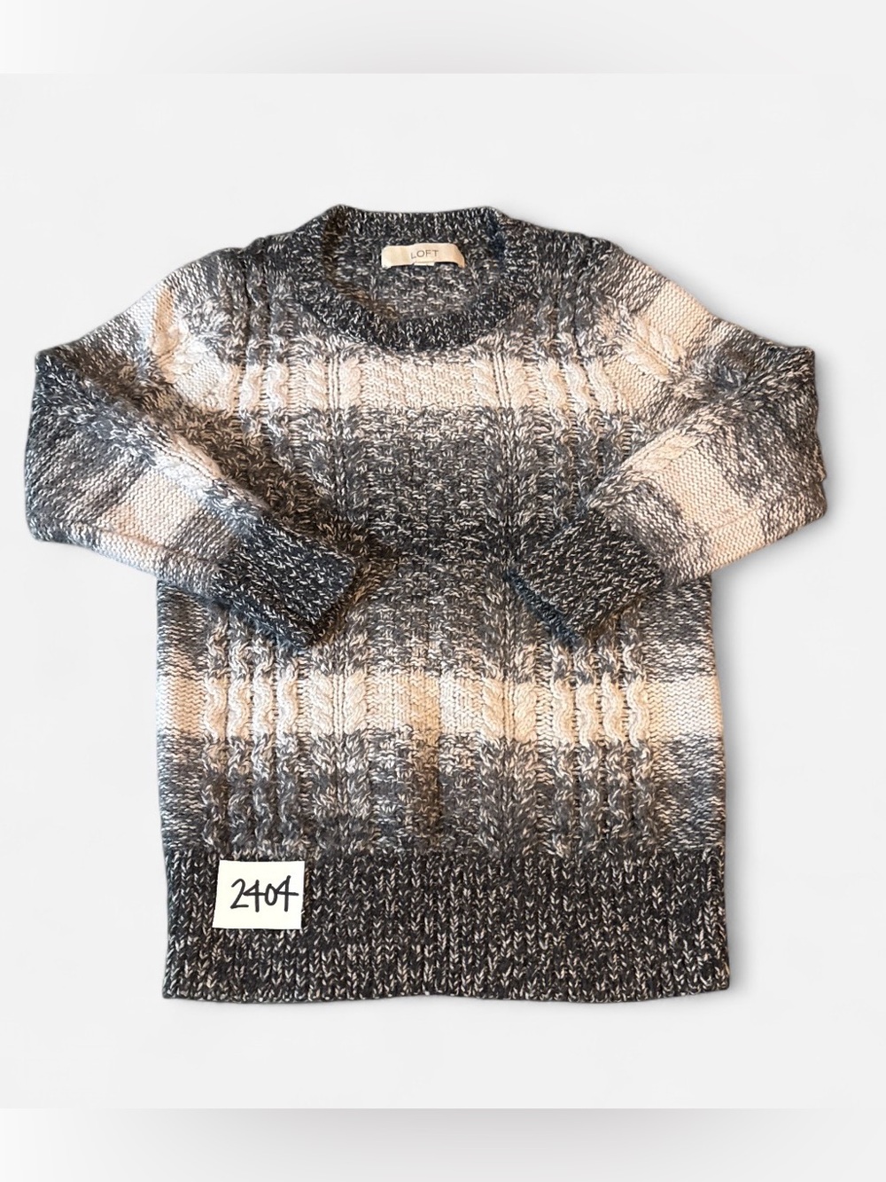LOFT Ombre Cable-Knit Crewneck Sweater - Gray & Cream